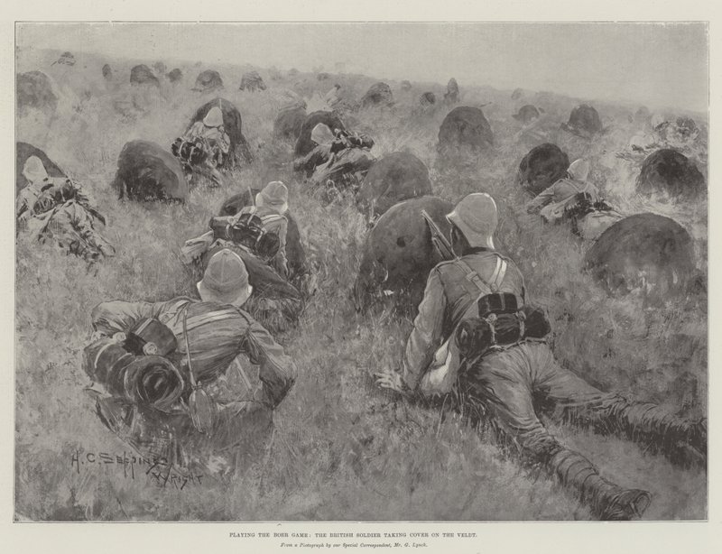 Britský voják, který hraje Búrskou hru, se kryje na Veldtu od Henry Charles Seppings Wright