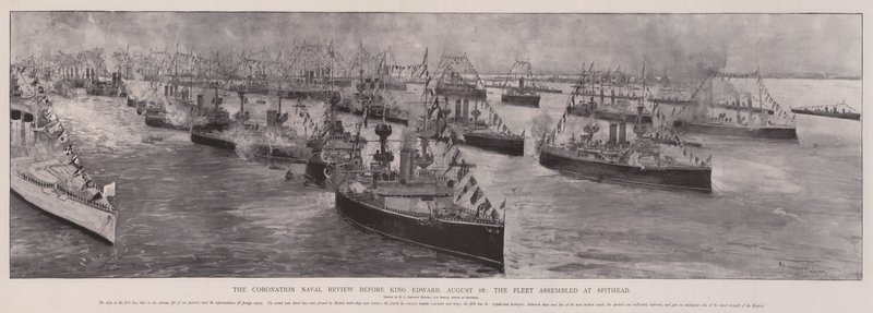 The Coronation Naval Review před králem Edwardem, 16. srpna, flotila se shromáždila u Spithead od Henry Charles Seppings Wright