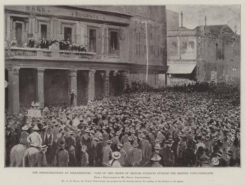 Demonstrace v Johannesburgu, část davu britských poddaných před britským vicekonzulátem od Henry Charles Seppings Wright