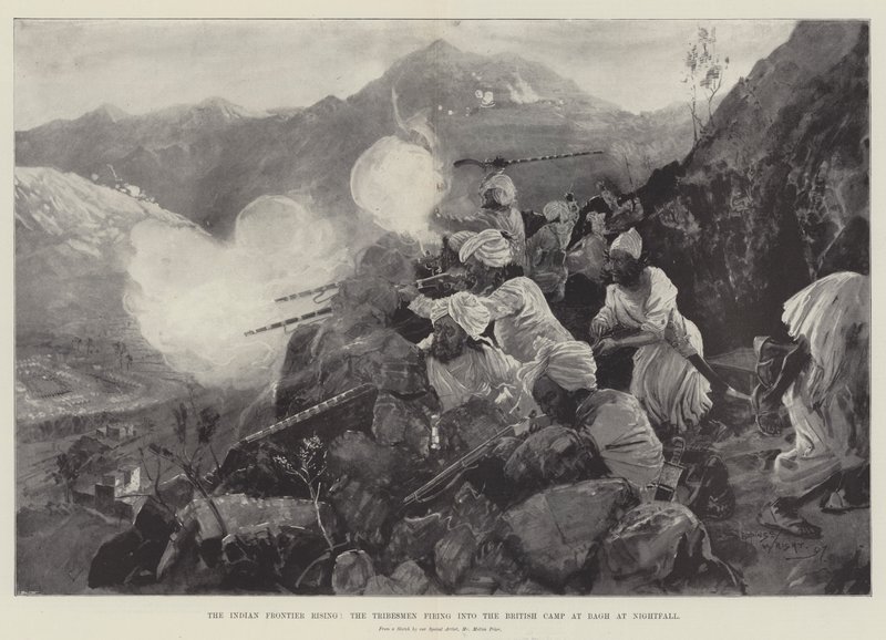 Povstání indických hranic, domorodci střílející za soumraku z britského tábora v Baghu od Henry Charles Seppings Wright