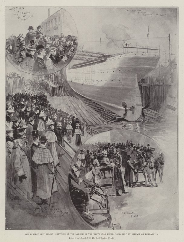 Největší loď na moři, náčrtky při spuštění lodi Oceanic, White Star Liner, na vodu v Belfastu 14. ledna. od Henry Charles Seppings Wright