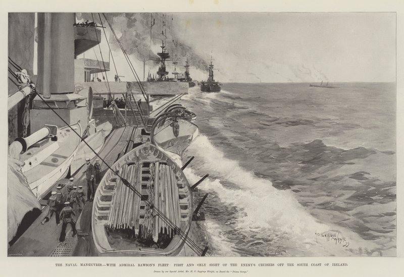 Námořní manévry s flotilou admirála Rawsona, první a jediný pohled na nepřátelské křižníky u jižního pobřeží Irska od Henry Charles Seppings Wright