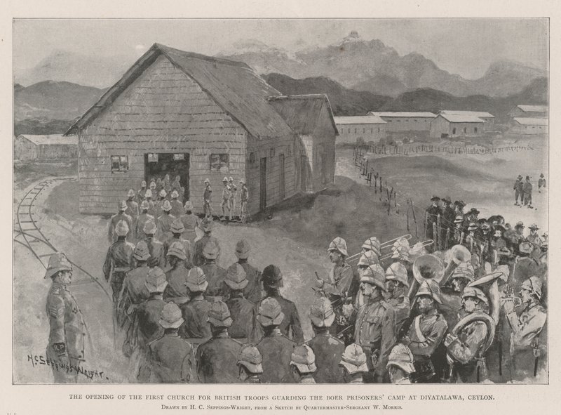 Otevření prvního kostela pro britské vojáky střežící búrský zajatecký tábor v Diyatalawě na Cejlonu od Henry Charles Seppings Wright