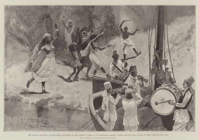 Soudanský postup, Nadšené přijetí sirdarského vojska při příjezdu k Berberům, Ženy tančící a zpívající na břehu Nilu. od Henry Charles Seppings Wright