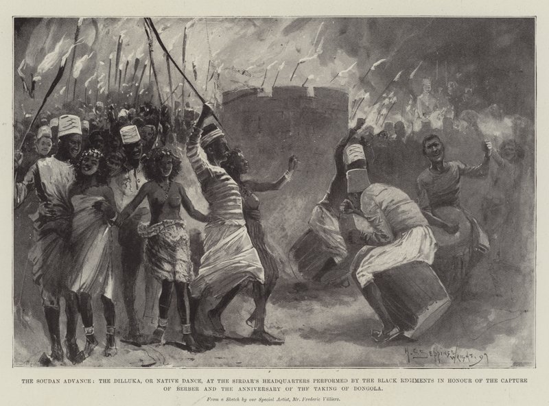 Soudan Advance, Dilluka nebo Native Dance v Sirdarově velitelství v podání Černých pluků na počest dobytí Berbera a výročí dobytí Dongoly od Henry Charles Seppings Wright