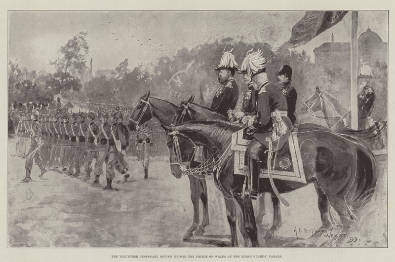 Přehlídka dobrovolníků u příležitosti stého výročí před princem z Walesu na přehlídce Horse Guards