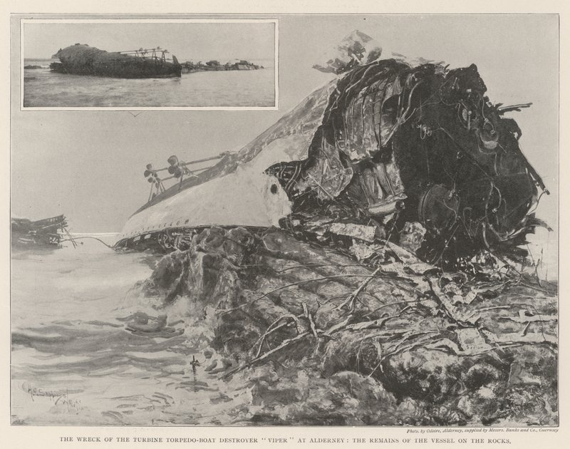 Vrak torpédového torpédového torpédoborce Viper v Alderney, pozůstatky plavidla na skalách od Henry Charles Seppings Wright
