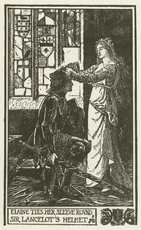 Elaine si ováže rukáv kolem helmy sira Lancelota od Henry Justice Ford
