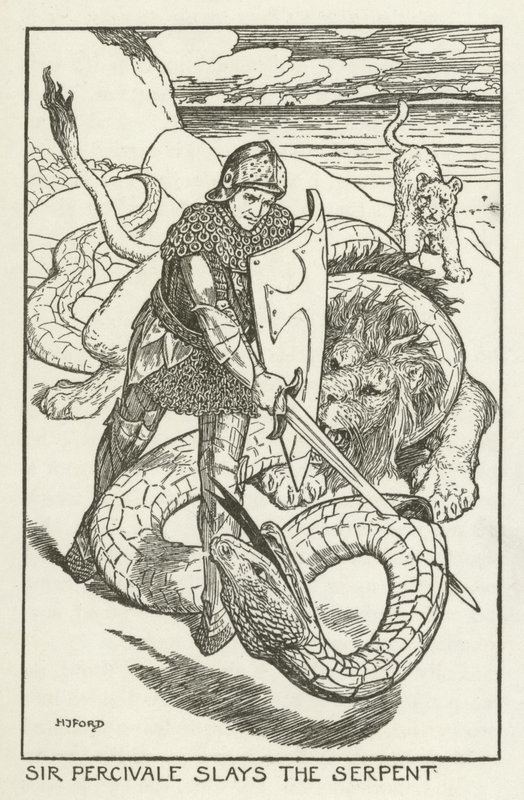 Sir Percivale zabíjí hada od Henry Justice Ford