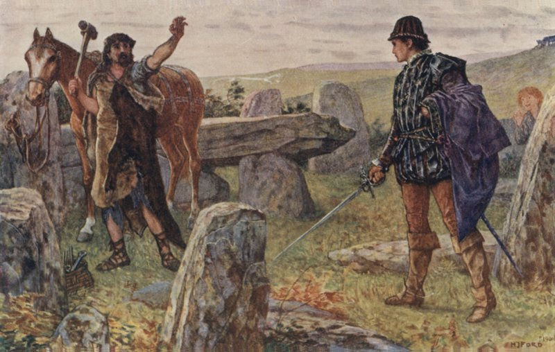 Tressilian nastartoval s mečem v ruce, proběhl houštinou a postavil se muži v podkovářské kožené zástěře. od Henry Justice Ford