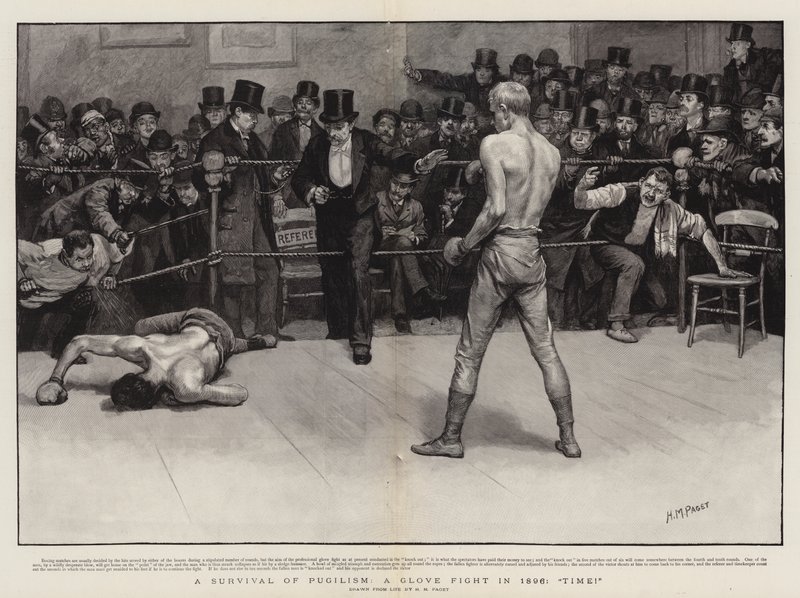 Přežití pugilismu, zápas o rukavice v roce 1896, čas! od Henry Marriott Paget