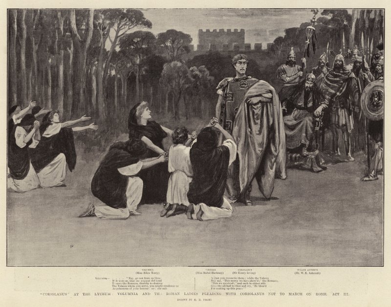 Coriolanus v lyceu, Volumnia a římské dámy prosící Coriolana, aby nepochodoval na Řím, akt III od Henry Marriott Paget