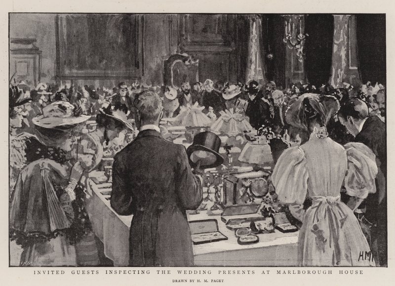 Pozvaní hosté při kontrole svatebních dárků v Marlborough House od Henry Marriott Paget