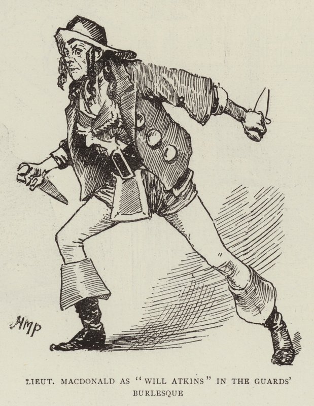 Poručík Macdonald jako Will Atkins v Burlesce gardistů od Henry Marriott Paget