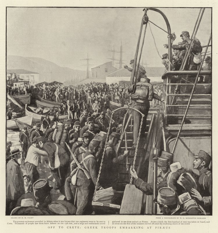 Odjezd na Krétu, nalodění řeckých vojáků v Pireu od Henry Marriott Paget