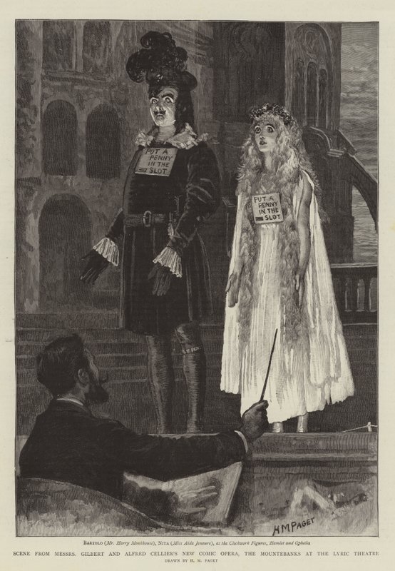 Scéna z nové komické opery Messers Gilberta a Alfreda Celliera, The Mountebanks v divadle Lyric Theatre od Henry Marriott Paget