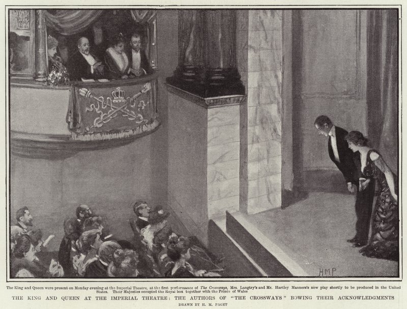Král a královna v Imperial Theatre, autoři The Crossways klaněli své poděkování od Henry Marriott Paget