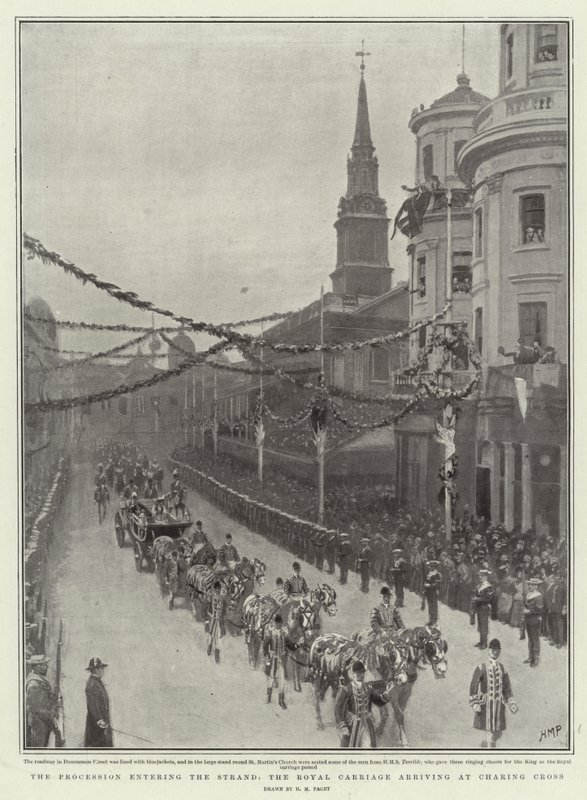 Průvod vchází na Strand, královský kočár přijíždí do Charing Cross od Henry Marriott Paget