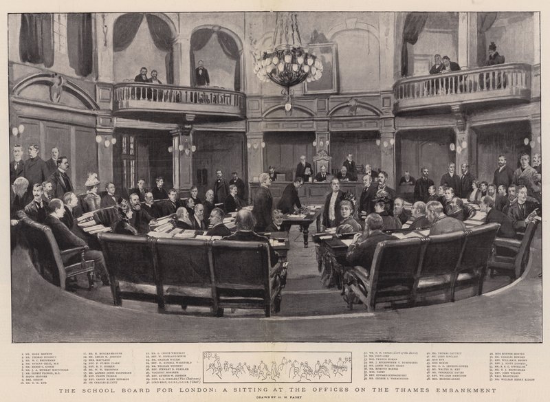 Školní rada pro Londýn, zasedání v kancelářích na nábřeží Temže od Henry Marriott Paget
