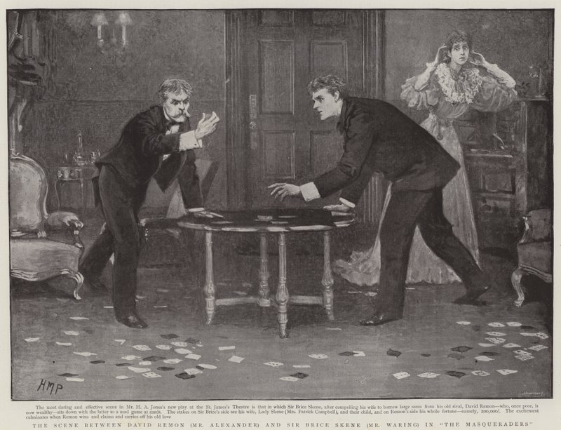 Scéna mezi Davidem Remem a sirem Brucem Skene v Masqueraders od Henry Marriott Paget