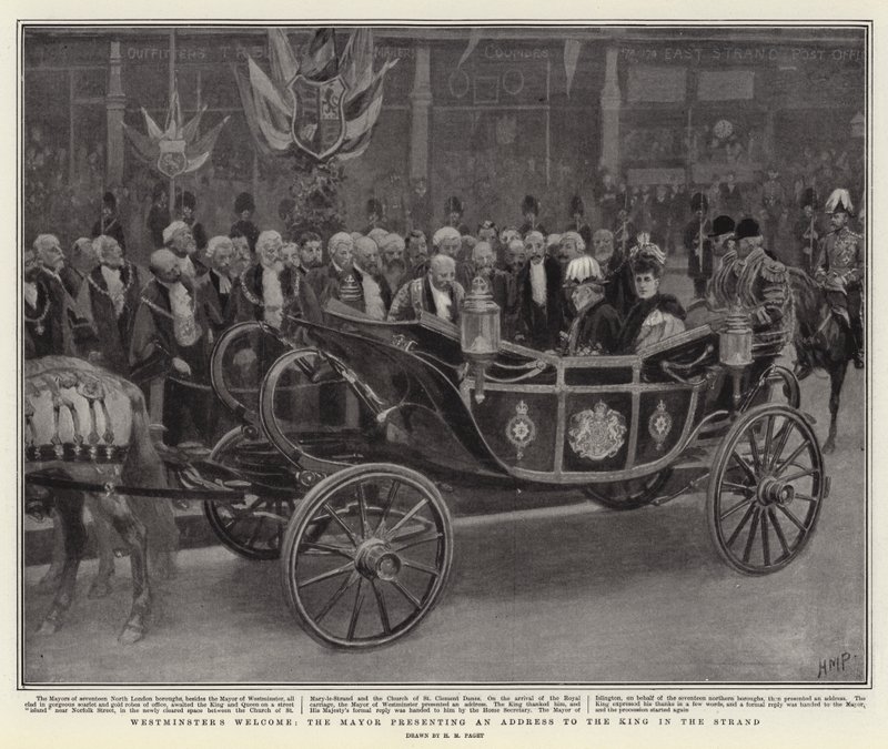 Uvítání ve Westminsteru, starosta přednesl projev ke králi ve Strandu od Henry Marriott Paget