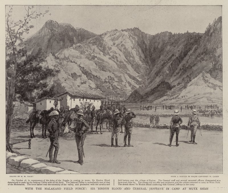 S polními silami Malakand, sirem Bindonem Bloodem a generálem Jeffreysem v táboře v Muta Shah od Henry Marriott Paget