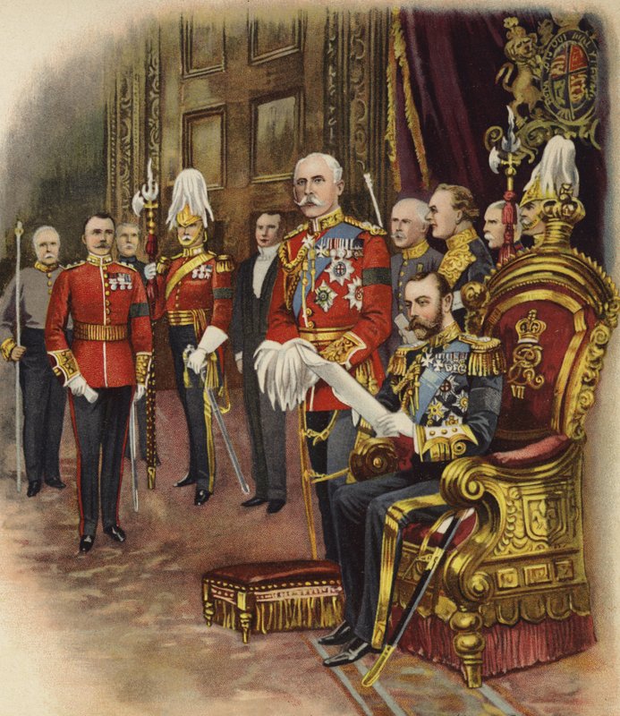 Král Jiří V. drží svůj první dvůr, květen 1910 (chromolitho) od Henry Payne