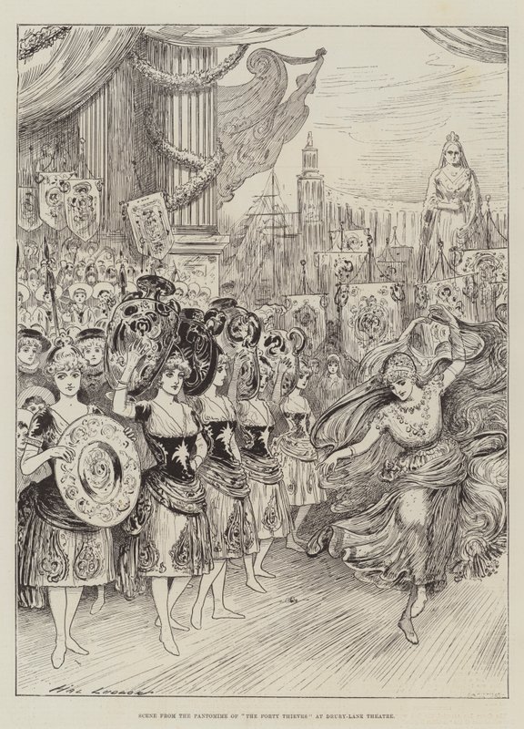 Scéna z pantomimy Čtyřicet loupežníků v divadle Drury-Lane Theatre od Henry Stephen Ludlow