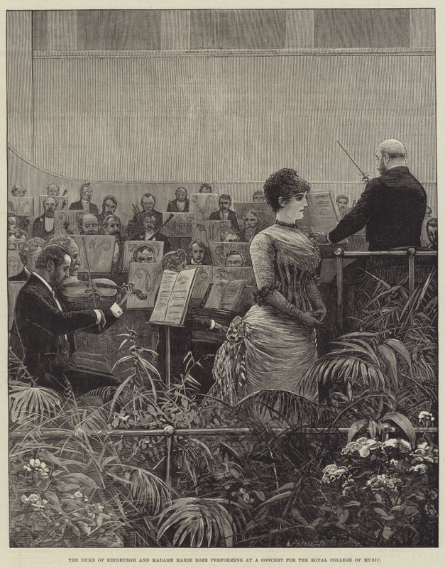 Vévoda z Edinburghu a Madame Marie Roze vystupují na koncertě pro Royal College of Music od Henry Stephen Ludlow