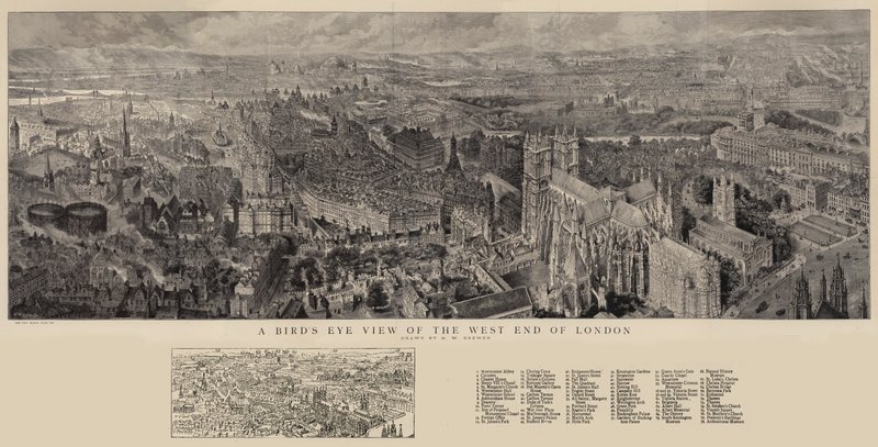 Pohled z ptačí perspektivy na West End Londýna od Henry William Brewer
