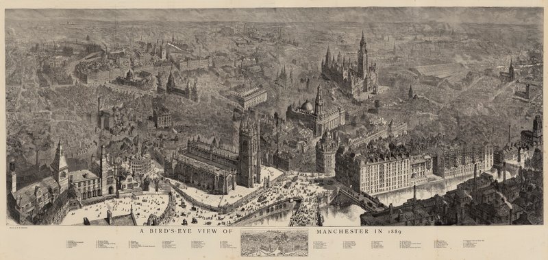 Pohled na Manchester z ptačí perspektivy v roce 1889 od Henry William Brewer