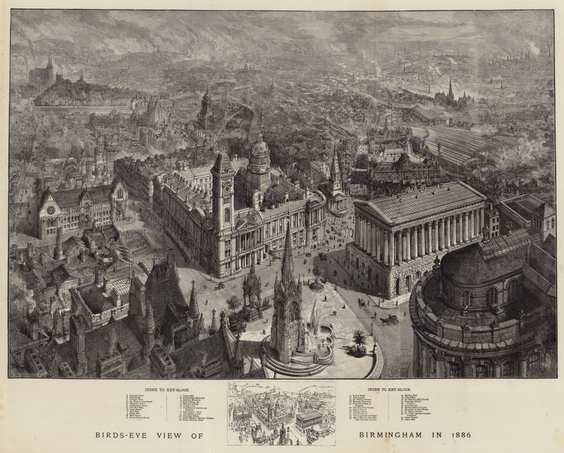 Pohled z ptačí perspektivy na Birmingham v roce 1886 od Henry William Brewer