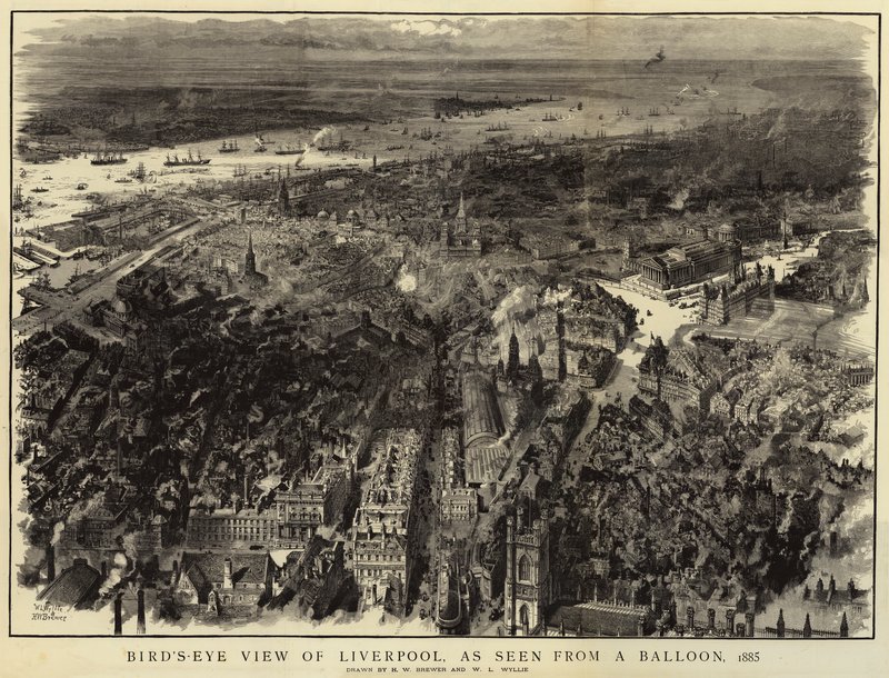 Pohled na Liverpool z ptačí perspektivy, jak je vidět z balónu, 1885 od Henry William Brewer