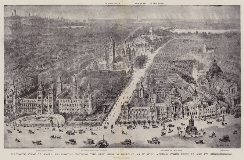 Pohled z ptačí perspektivy na South Kensington ukazuje novou budovu muzea, jak bude vypadat po dokončení, a její okolí od Henry William Brewer