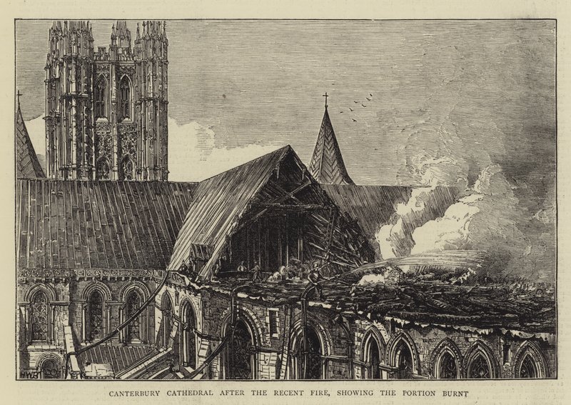 Katedrála v Canterbury po nedávném požáru, zobrazující spálenou část od Henry William Brewer