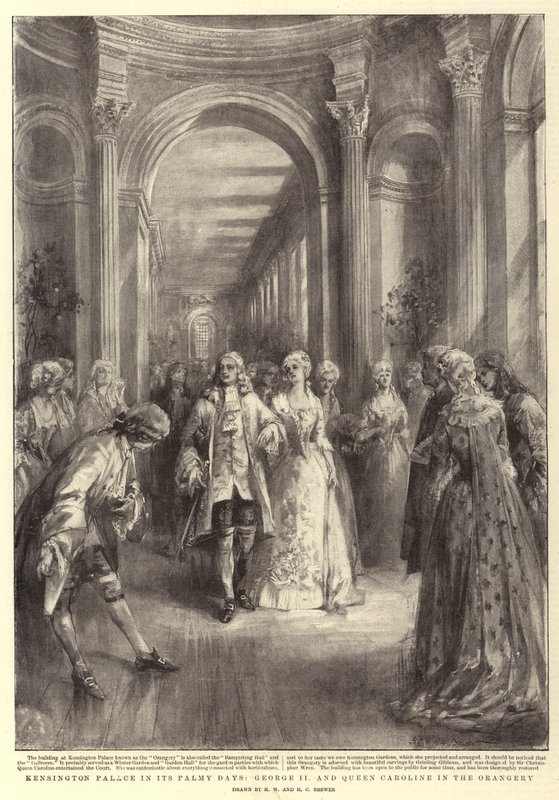 Kensingtonský palác v Palmy Days, George II a Queen Caroline v Orangery od Henry William Brewer