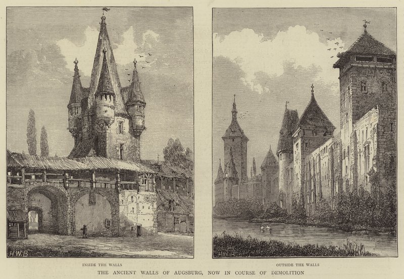 Starověké hradby Augsburgu, nyní v průběhu demolice od Henry William Brewer