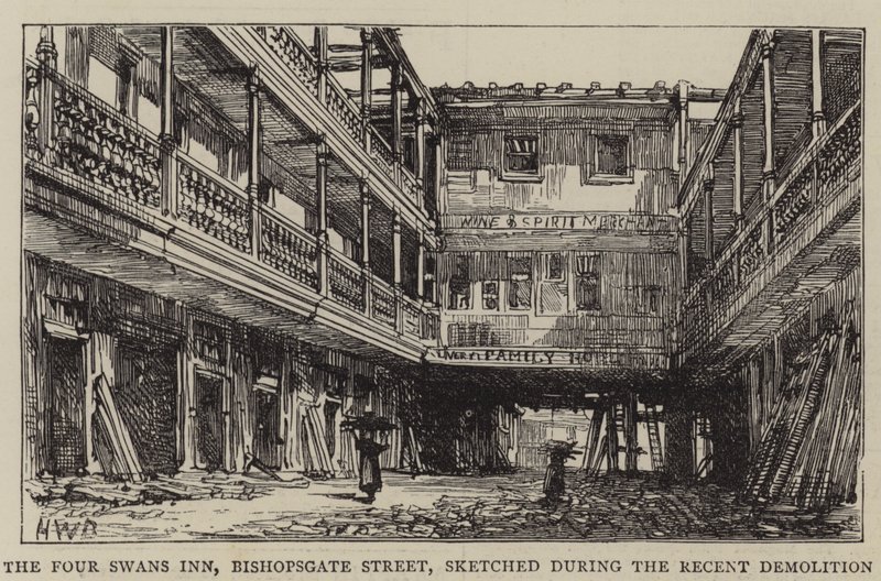 Hostinec The Four Swans Inn, Bishopsgate Street, skicovaný během nedávné demolice od Henry William Brewer