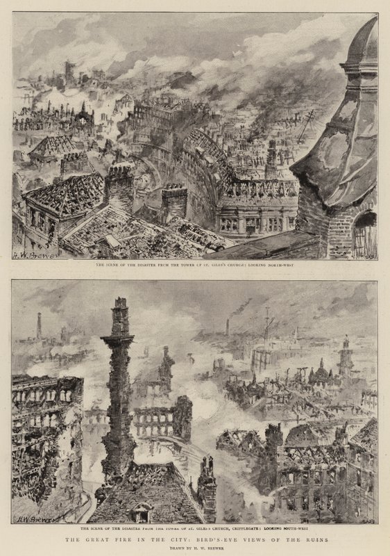 Velký požár ve městě, pohledy na ruiny z ptačí perspektivy od Henry William Brewer