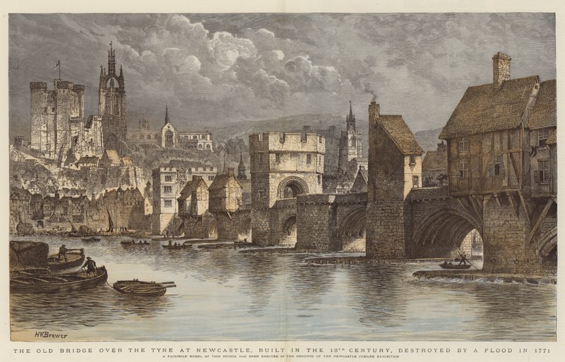 Starý most přes řeku Tyne v Newcastlu, postavený ve 13. století, zničený povodní v roce 1771 (barevná rytina) od Henry William Brewer