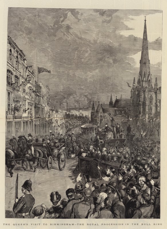 Návštěva královny v Birminghamu, královský průvod v Býčí aréně od Henry William Brewer