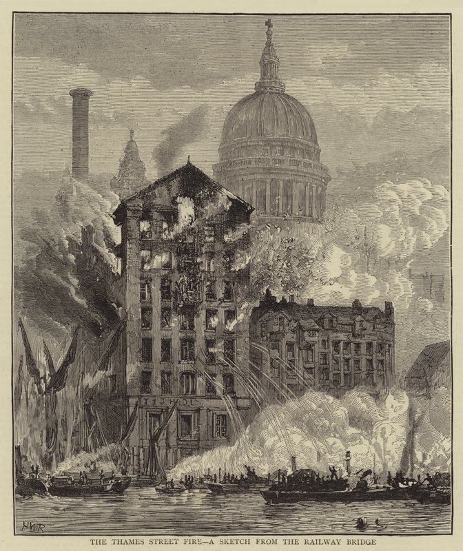 The Thames Street Fire, skica z železničního mostu od Henry William Brewer