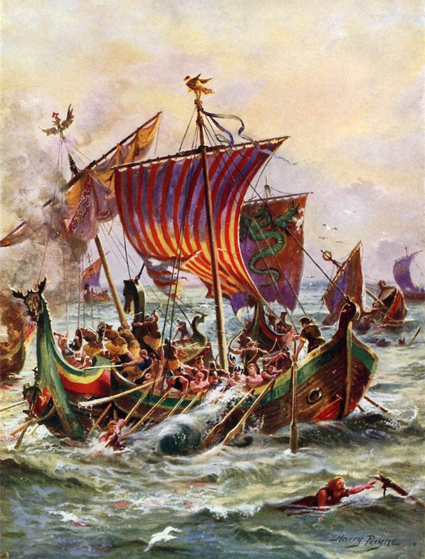 Galéry krále Alfreda útočící na vikingské dračí lodě, 897 (barva litho) od Henry Payne