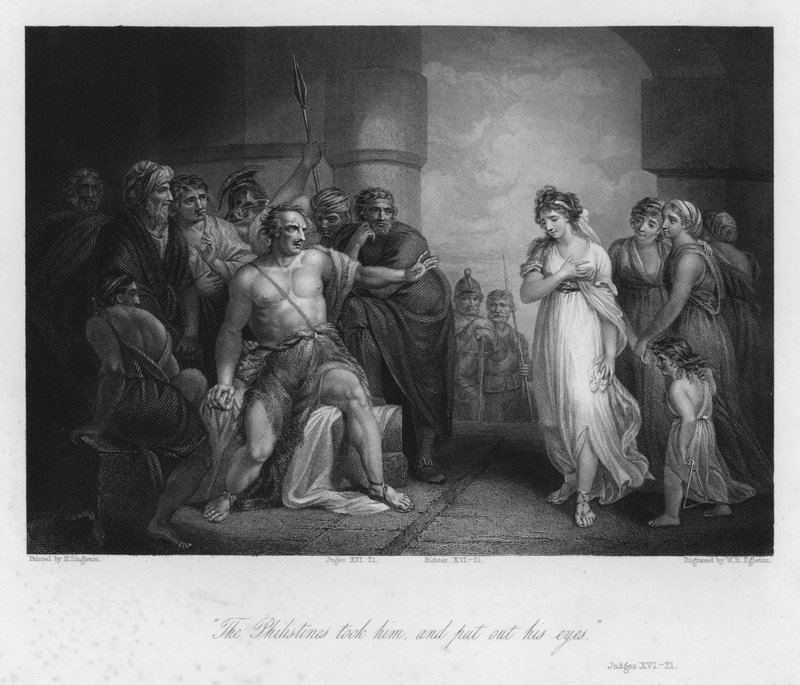 Samson a Dalila, soudci XVI, 21 (rytina) od Henry (after) Singleton