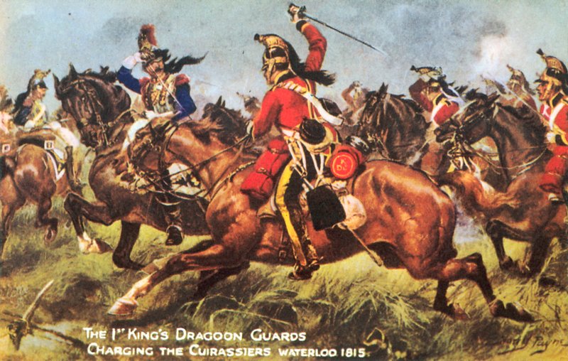 První královská dragounská garda, útočící na kyrysníky, Waterloo 1815 (barevné lito) od Henry A. Payne
