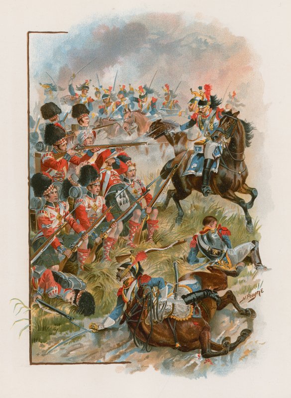 Náměstí 42. Highlanders dobité francouzskými kyrysníky v Quatre Bras, 16. června 1815 (chromolitho) od Henry A. Payne