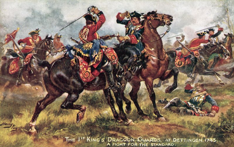 The Kings Horse, nyní 1. (královská) dragounská garda, bitva u Dettingenu, červen 1743 od Henry A. Payne