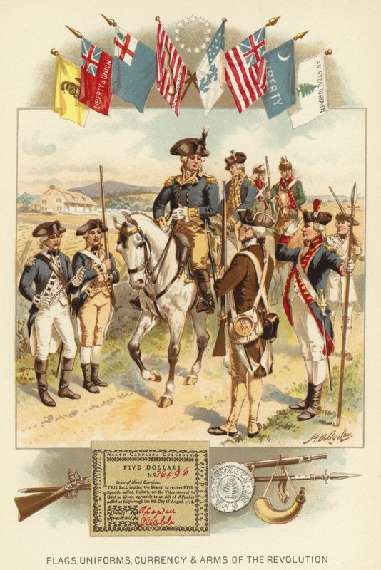 Vlajky, uniformy, měna a zbraně revoluce (barevné lito) od Henry Alexander (after) Ogden