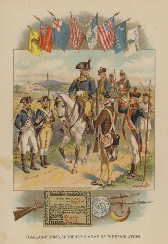 Vlajky, uniformy, měna a zbraně americké revoluce (chromolitho) od Henry Alexander (after) Ogden