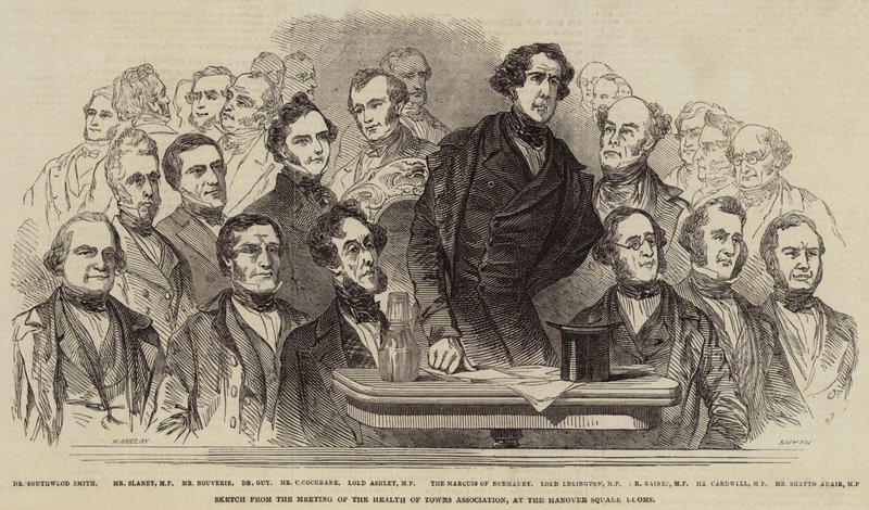 Skica ze zasedání Sdružení zdraví měst v Hanover Square Rooms od Henry Anelay